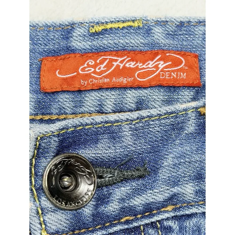 Ed Hardy Mens 33x32 Christian Audigier Embroidered Light Wash Straight Jeans